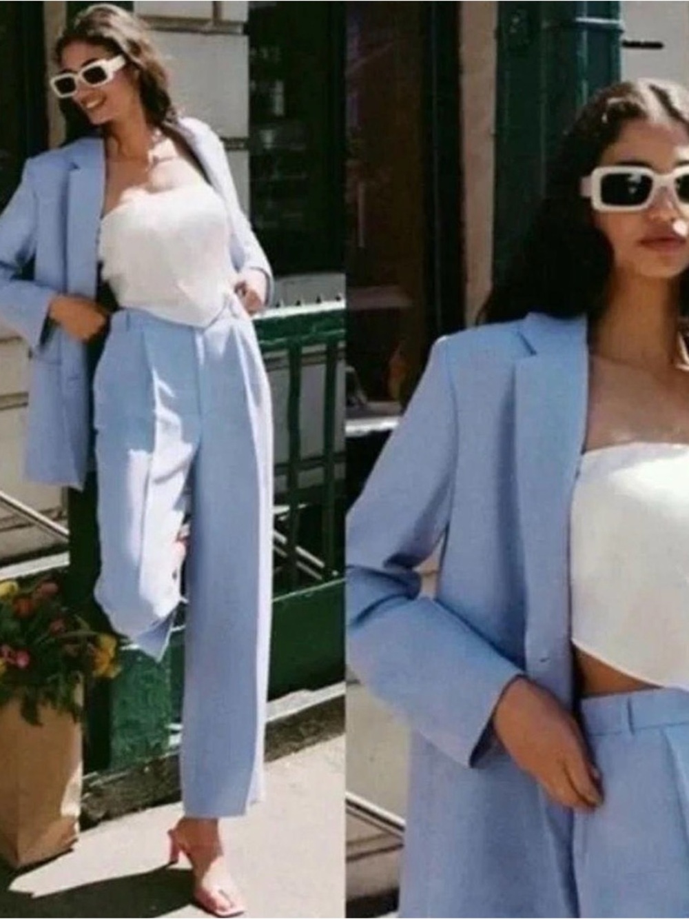 Zara Light Blue Tailored Blazer and Wide-Leg Pants Set